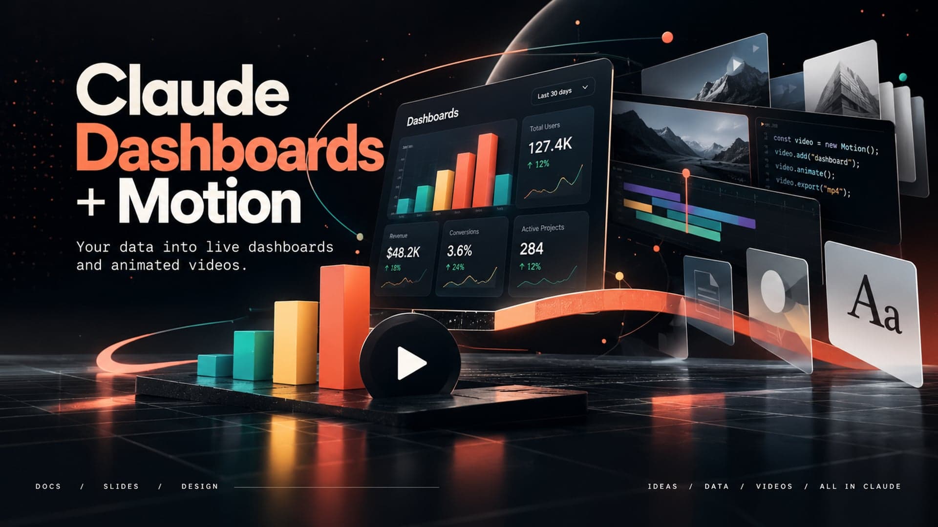 The Claude Dashboards + Motion title card: coral and white type beside floating dashboard panels and rising 3D data bars on a dark, reflective floor