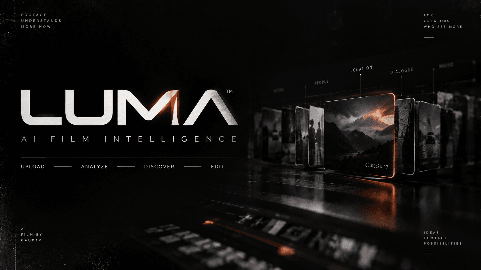 The LUMA AI Film Intelligence product logo over a row of analyzed footage frames