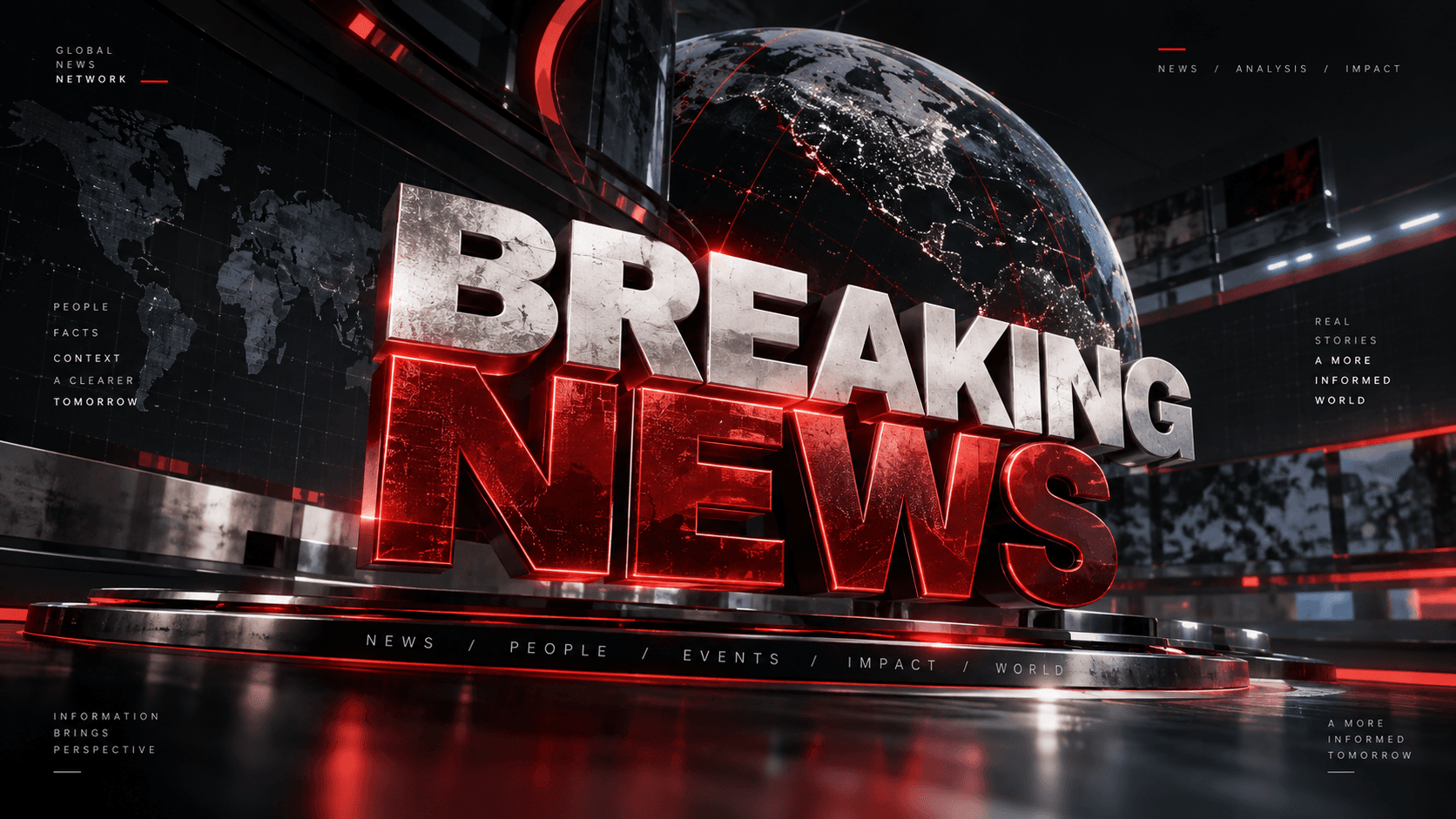 A 3D Breaking News broadcast title package with a metallic globe and red accent lighting
