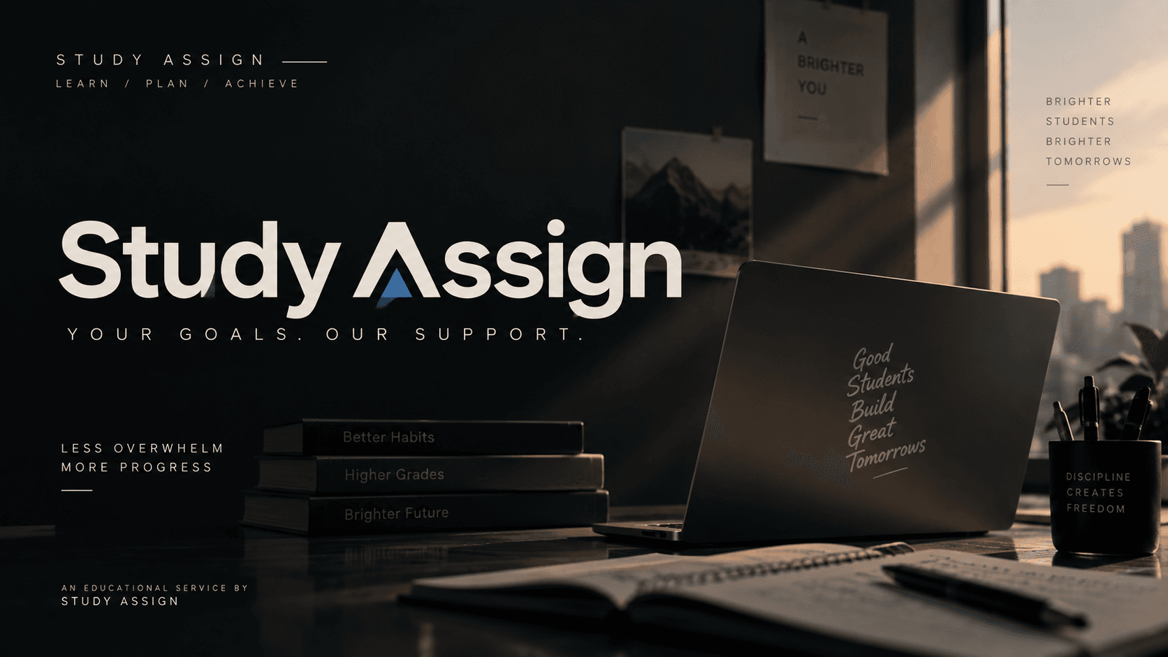 The Study Assign logo over a desk with books, a laptop and study notes at golden hour