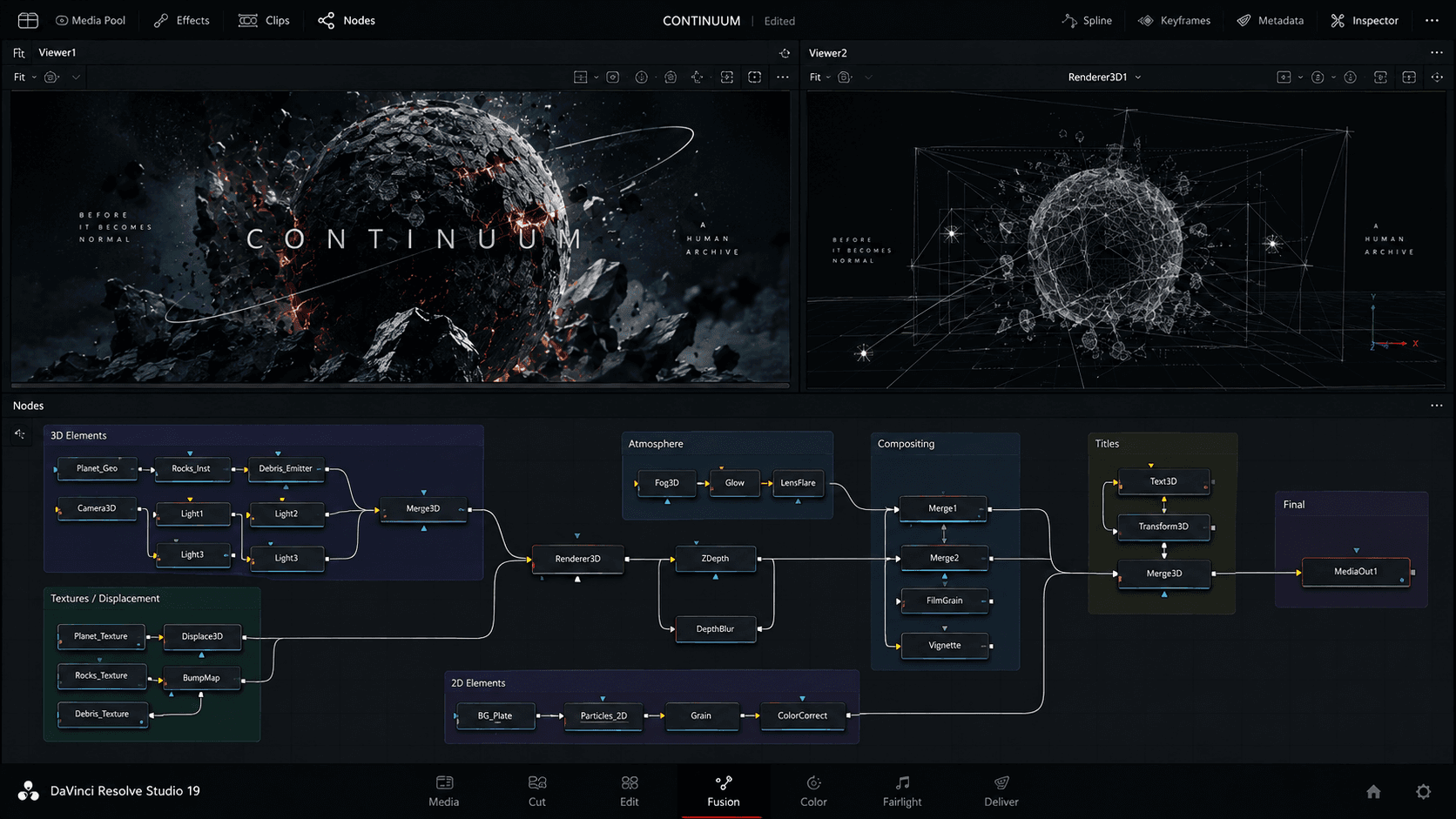 A DaVinci Resolve Fusion node graph driving a 3D title composite